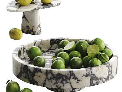 Fresh Green Limes in Marble Plates with Whole and Sliced Pieces 3d model