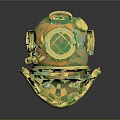 Vintage Diving Helmet With Brass Green Patina Round Glass Window And Top Grille