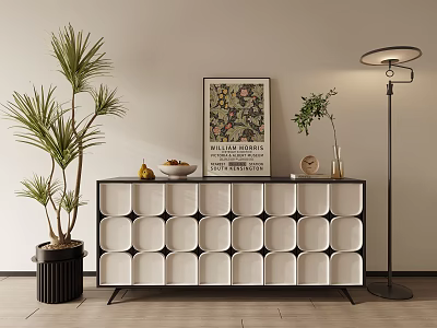 Stylish Grid Design Sideboard with Palm Plant Framed Poster and Modern Floor Lamp 3d model