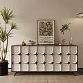 Stylish Grid Design Sideboard with Palm Plant Framed Poster and Modern Floor Lamp