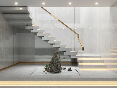 Modern Staircase Interior Design With Grey Marble Steps Glass Railing And Golden Handrail 3d model