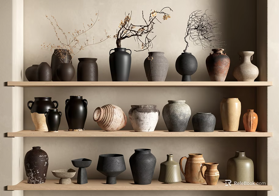 Ceramic Vessels On Shelves With Various Colors Shapes And Decorative Branches 3d model 