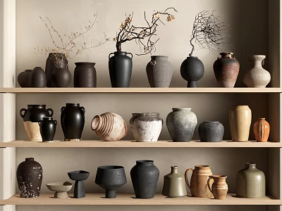 Ceramic Vessels On Shelves With Various Colors Shapes And Decorative Branches 3d model