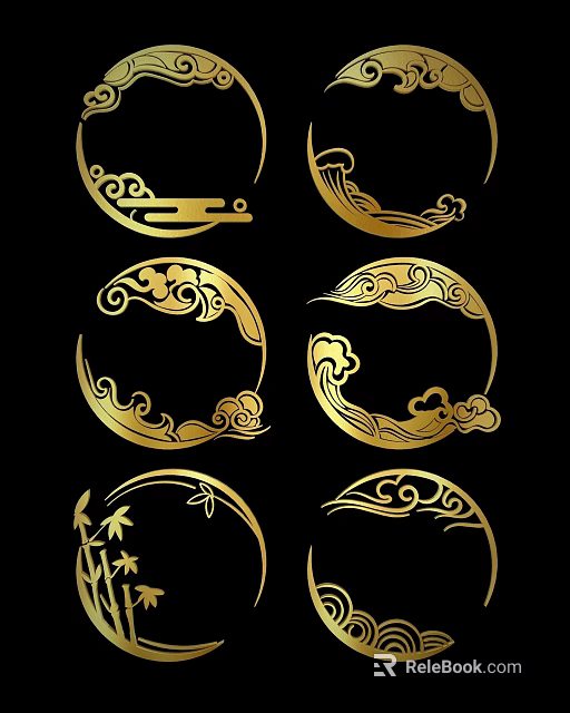 Golden Circular Carvings With Cloud Motifs And Leaf Designs On Black Background 3d model 