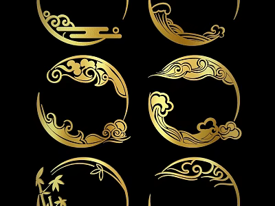 Golden Circular Carvings With Cloud Motifs And Leaf Designs On Black Background 3d model