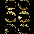 Golden Circular Carvings With Cloud Motifs And Leaf Designs On Black Background