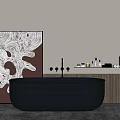 Black Bathtub in Modern Bathroom Interior with Decorative Painting Copper Floor Lamp and Bath Products