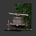 Vintage Commercial Juicing Equipment With Wheel Cart Structure And Green Ivy Backdrop