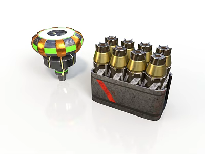 Rustic Metal Case Holding Golden Topped Bottles And Vibrant Colorful Device 3d model