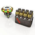 Rustic Metal Case Holding Golden Topped Bottles And Vibrant Colorful Device