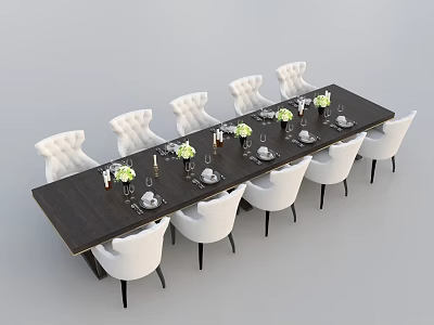 Modern Dining Table Set With Dark Top And White Upholstered Chairs Decorated With Flowers 3d model