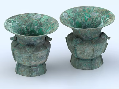 Antique Style Ceramic Vessels With Green Patina Decorative Bases And Ornate Design 3d model