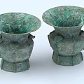 Antique Style Ceramic Vessels With Green Patina Decorative Bases And Ornate Design