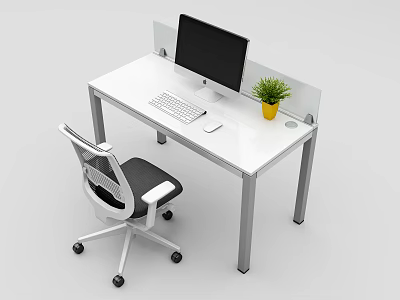 Modern White Office Desk with Computer Monitor Keyboard Mouse and Small Potted Plant 3d model