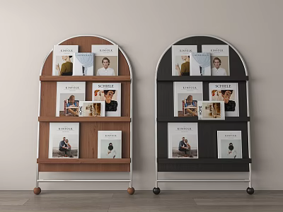 Two Arched Design Bookcases In Brown And Black With Multiple Shelves Holding Magazines 3d model