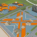 Modern Geometric Plaza Landscape With Orange Play Structures Paved Areas And Green Lawns