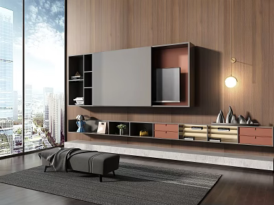 Modern Wall Mounted TV Stand With Storage Compartments And Wooden Backdrop In Contemporary Living Room 3d model