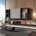 Modern Wall Mounted TV Stand With Storage Compartments And Wooden Backdrop In Contemporary Living Room