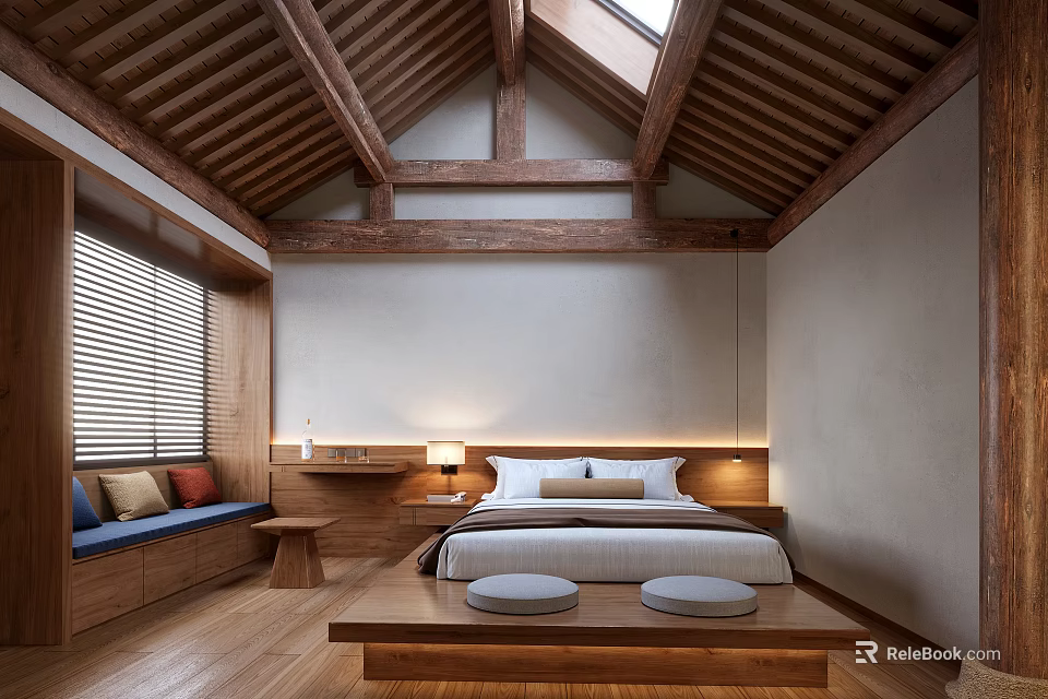 Traditional Hotel Guest Room Featuring Wooden Ceiling Skylight Platform Bed And Floor Seating 3d model 