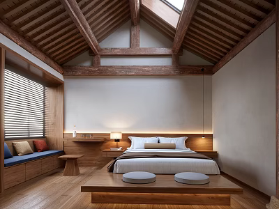 Traditional Hotel Guest Room Featuring Wooden Ceiling Skylight Platform Bed And Floor Seating 3d model
