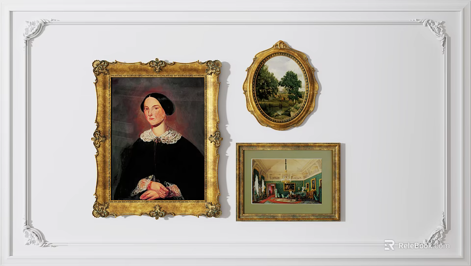 Vintage Paintings With Golden Frames Including Portrait Landscape And Interior Scenes On Wall 3d model 
