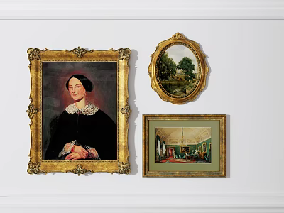 Vintage Paintings With Golden Frames Including Portrait Landscape And Interior Scenes On Wall 3d model