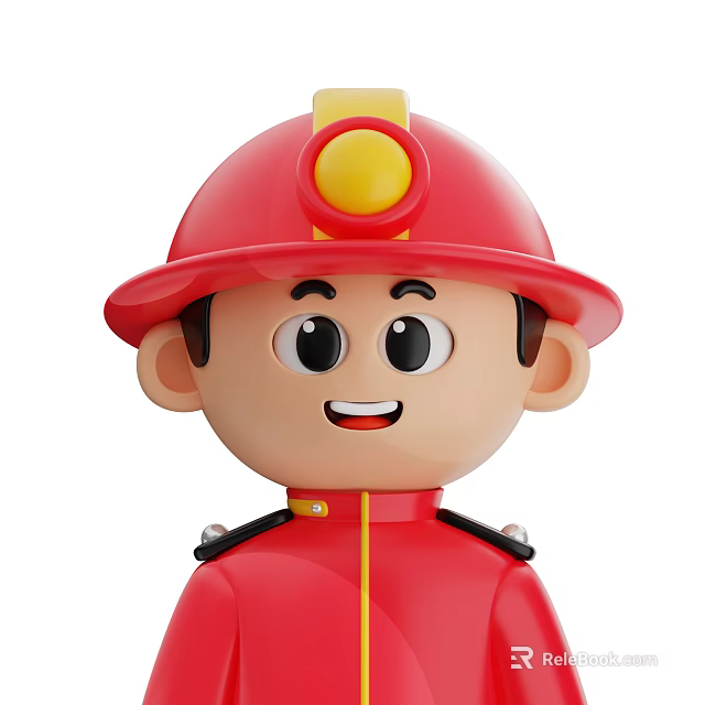 A Man In Red Firefighter Uniform Helmet With Yellow Badge Stripes Shoulder Straps And Smiling 3d model 