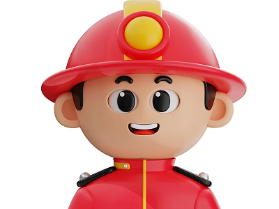 A Man In Red Firefighter Uniform Helmet With Yellow Badge Stripes Shoulder Straps And Smiling 3d model