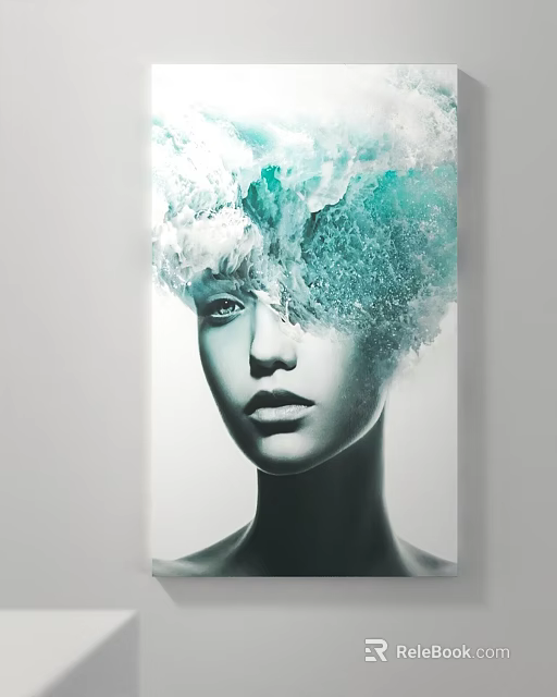 Artistic Portrait Painting With Turquoise Wave Hair And Abstract Design Elements 3d model 