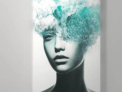 Artistic Portrait Painting With Turquoise Wave Hair And Abstract Design Elements 3d model
