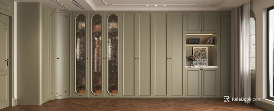 Elegant French Style Olive Green Wardrobe With Arched Glass Doors And Side Display Shelves 3d model 
