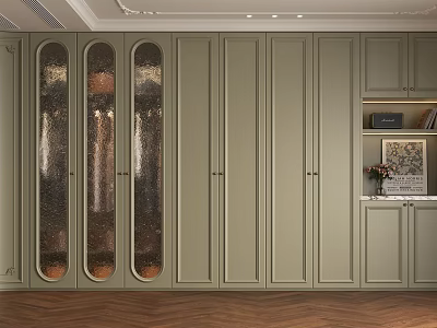 Elegant French Style Olive Green Wardrobe With Arched Glass Doors And Side Display Shelves 3d model
