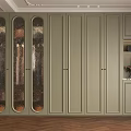 Elegant French Style Olive Green Wardrobe With Arched Glass Doors And Side Display Shelves
