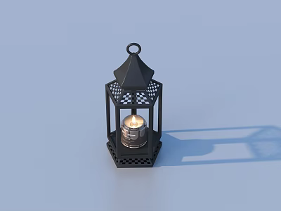 Black Metal Decorative Lantern With Intricate Cutout Design Lit Candle And Hexagonal Base 3d model
