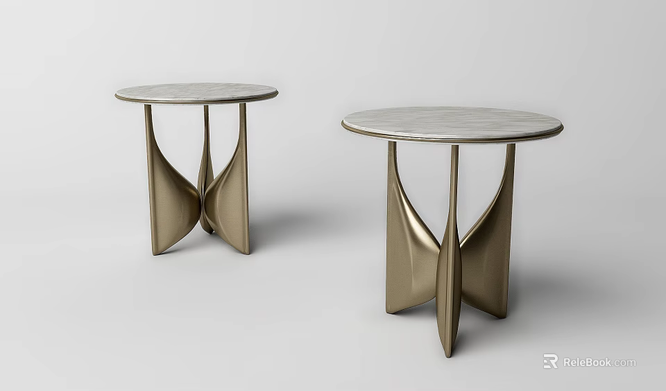 Set of Two Modern Round Coffee Tables With Marble Top And Golden Base 3d model 