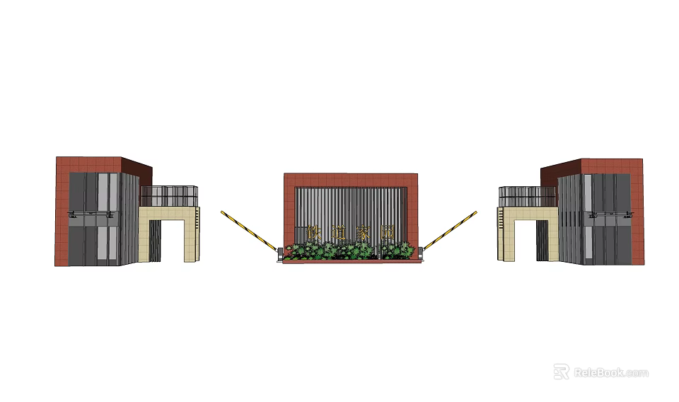 Red Lattice Entrance Gate Design With Front Green Plants And Modern Structure 3d model 
