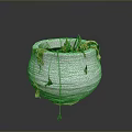 Wilted Plant In White Textured Pot With Dried Leaves Against Gray Background