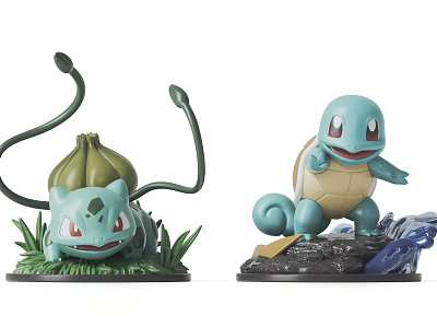 Cute Pokemon Bulbasaur and Squirtle Figurines with Grass and Water Base Details 3d model