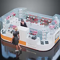 People Interacting At Modern Retail Display Shelves With Transparent Showcase And Product Arrangement