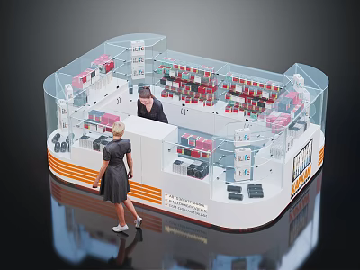 People Interacting At Modern Retail Display Shelves With Transparent Showcase And Product Arrangement 3d model