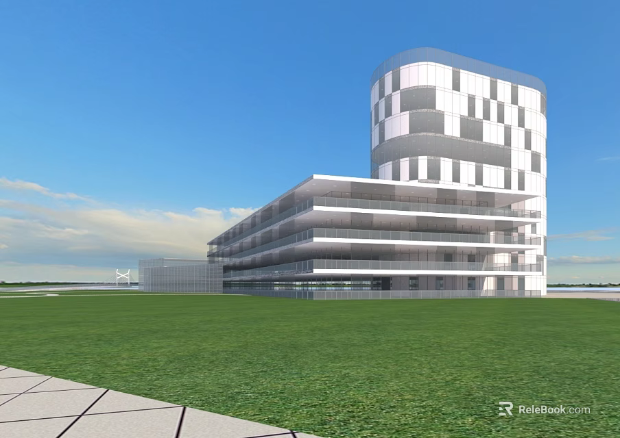 Modern Industrial Factory Building With Glass Curtain Wall White Gray Exterior And Green Lawn Blue Sky Background 3d model 
