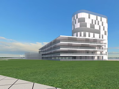 Modern Industrial Factory Building With Glass Curtain Wall White Gray Exterior And Green Lawn Blue Sky Background 3d model