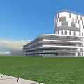 Modern Industrial Factory Building With Glass Curtain Wall White Gray Exterior And Green Lawn Blue Sky Background