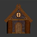 Wooden Cottage Design With Blue Tiled Roof Circular Window Wooden Door And Brick Base