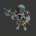 Decorative Knight Figurine In Silver Armor With Red Gold Details And Weapon