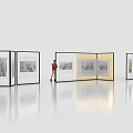 Foldable Modular Exhibition Display Shelves in Red Yellow White for Artworks with Visitors Viewing