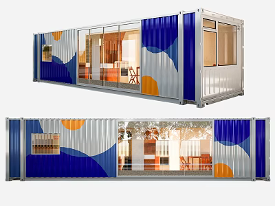 Modern Container Building With Blue White Wavy Patterns Orange Accents And Large Glass Windows 3d model