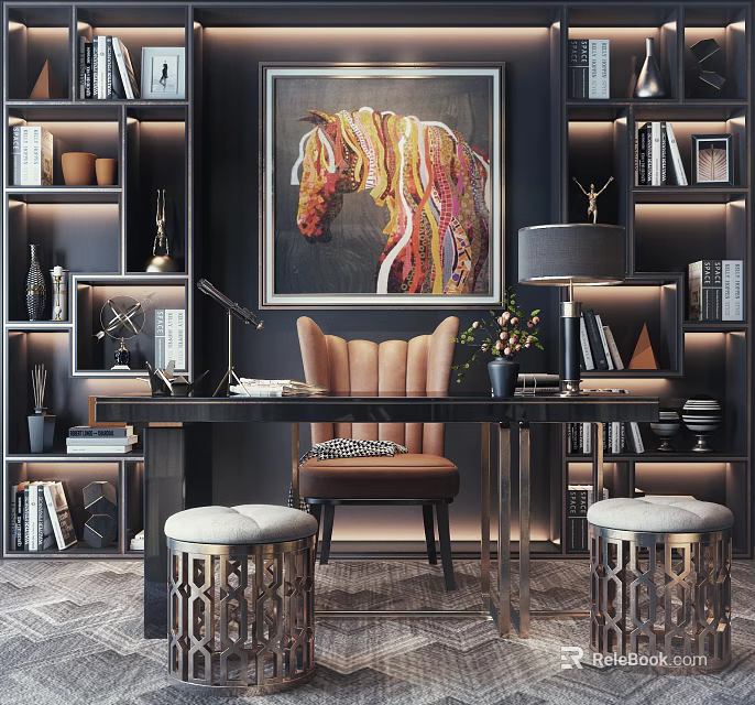 Modern Home Office Desk with Colorful Horse Painting Brown Chair and Bookshelves 3d model 