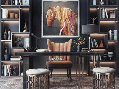 Modern Home Office Desk with Colorful Horse Painting Brown Chair and Bookshelves 3d model