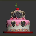 Pug Themed Cake With Pink Frosting Cherry On Top And Paw Print Decorations
